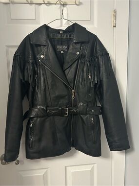 Vintage Casa Nova Black Leather Fringe Belted Jacket